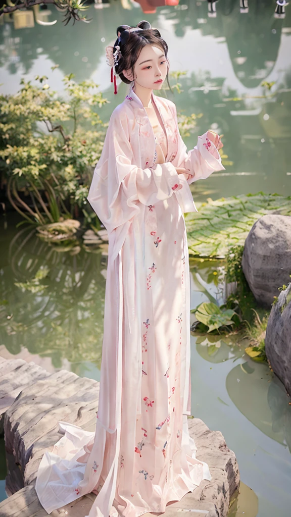 Arad woman in pink dress sitting on a rock by the pond, Palace , A girl in Hanfu, Hanfu, Wearing ancient Chinese clothes, inspired by Tang Yin, White Hanfu, ancient chinese beauti, Traditional Chinese clothing, with acient chinese clothes, standing gracefully upon a lotus, Beautiful rendering of the Tang Dynasty, inspired by Ma Lin