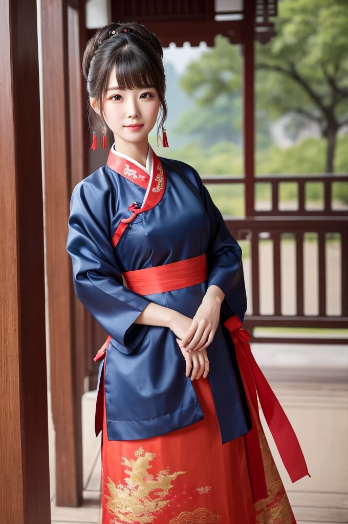 She is wearing a Chinese court hanbok, and you can see her breasts and stomach. Her hair is shaped like an old Chinese palace. 30 years old The background is a Chinese palace