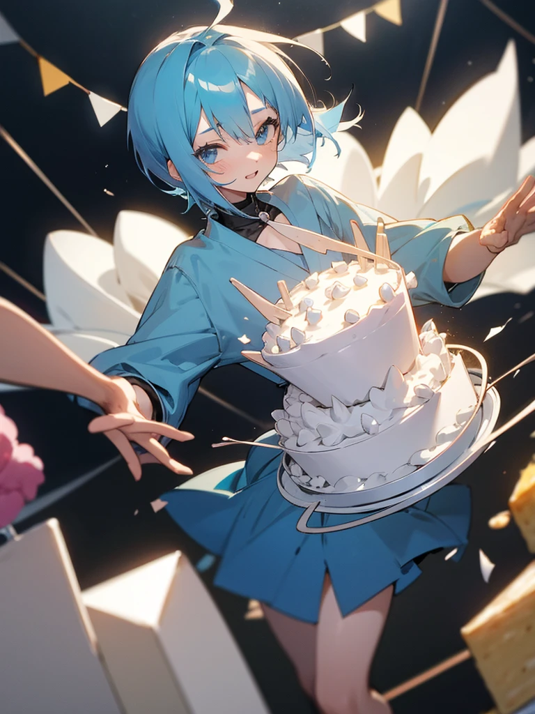Anime girl short blue hair ,fulfilling years, with a cake in his hands ,celebrating birthday,pelvis pov