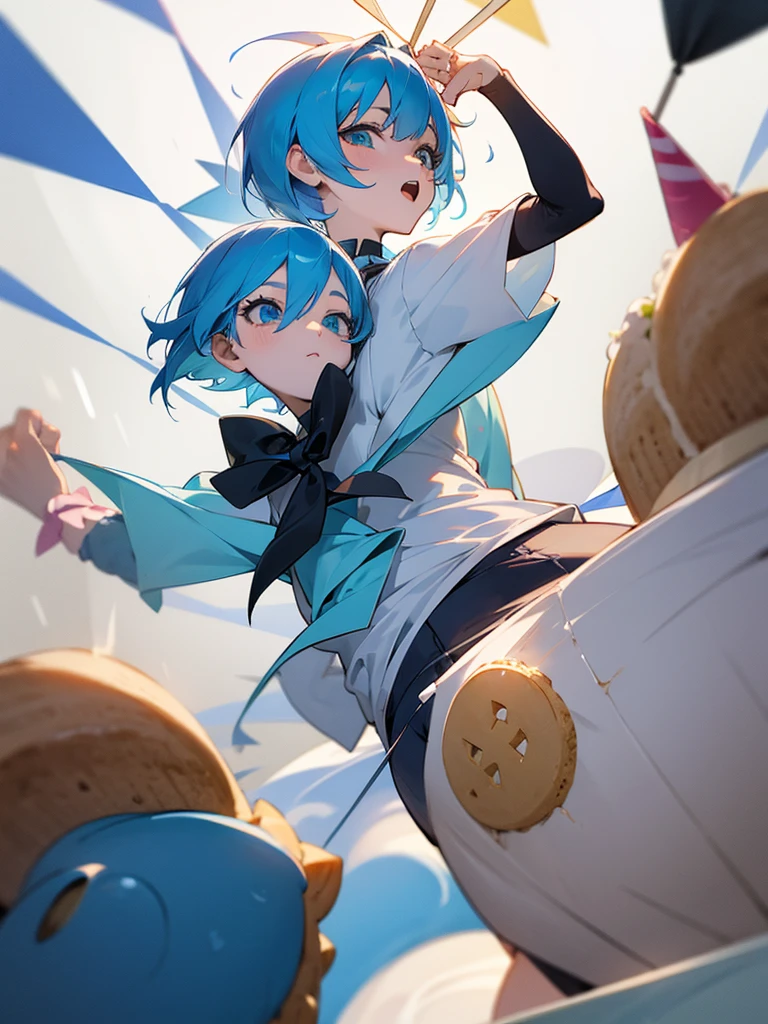 Anime girl short blue hair ,fulfilling years, with a cake in his hands ,celebrating birthday,pelvis pov 