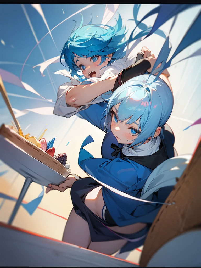 Anime girl short blue hair ,fulfilling years, with a cake in his hands ,celebrating birthday,pelvis pov