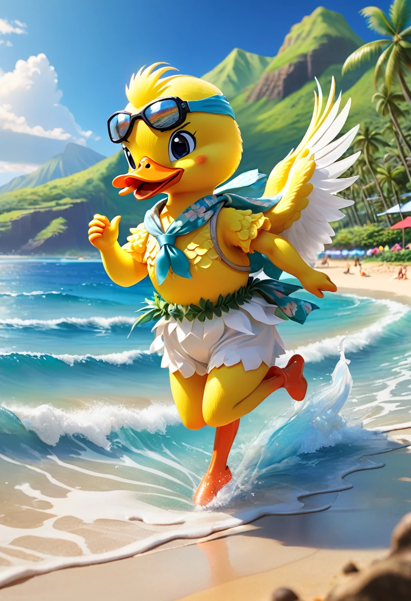 Esbian all over body、Cool duck、Pop White Duck、Diorama、Simple Background、Snorkel、Aloha Shirt、Hawaii beach background、Cape、Best Quality, Capture the cutest moments, Depth of written boundary, Super detailed, Ultra-high resolution, Octadale, 8k, 16km race