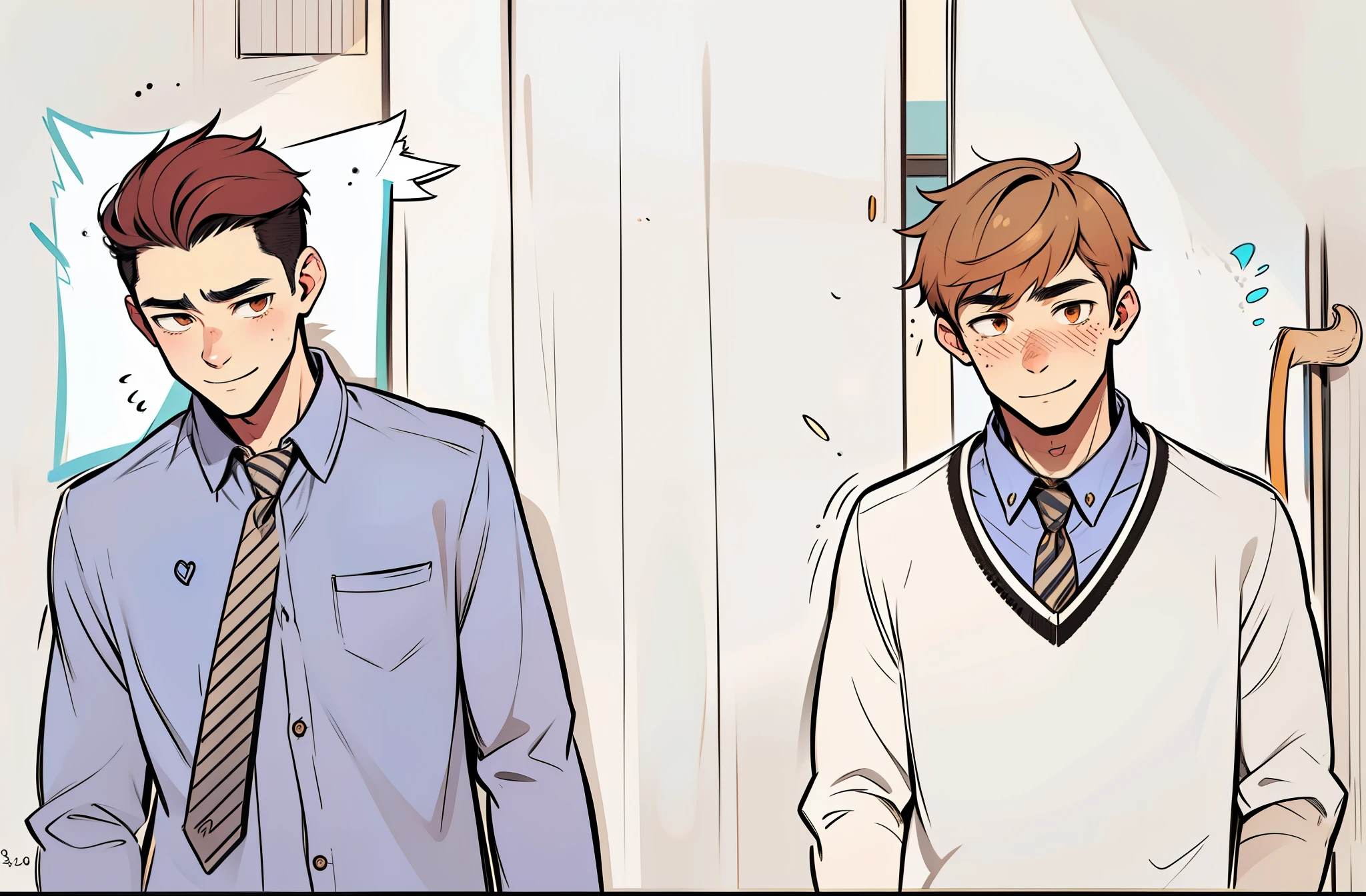 There are two 14-year-old boys, one of them smiles nervously, the other looks at him with pity and affection.