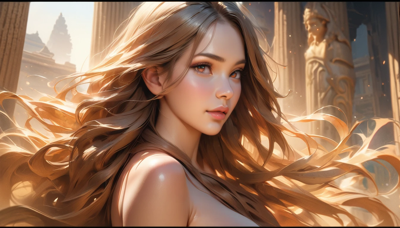 masterpiece, Best quality, 1 girl,photo, Studio photography, (Best quality,4K,8 K,a high resolution,masterpiece:1.2), ultra detailed, (realistic,photorealistic,photo-realistic:1.37), portraits, HDR, Greek mythology, beautiful portrait of the goddess Venus, perfect DNA, detailed eyes, detailed lips, stunning beauty, flowing golden hair, nude, perfect body, perfect nude, graceful pose, charming look, bright colors, soft lighting.(Nsfv:1.4) ancient greek deity, looks directly into the camera lens, flowing hair cascades over her shoulders, off shoulder outfit, emphasizing her grace, bright colors, ancient temples and marble columns are softly blurred in the background, the evening Mediterranean light casts a warm glow on her porcelain skin., High-resolution image, digital painting, Spiritual peace, golden ratio composition, cowboy shot, brilliant, brilliant hair, (night:1.2),Dreamy, [[gentle fingers and hands:0.55]::0.85],(detailed fingers),),(emotional),(breathtaking),(main part:1.2) whole body.), (Anime Style), (Super Detailed), (brutal), (uhd, HDR), (8k), (High Resolution: 1.2), (Complex and Beautiful: 1.2)