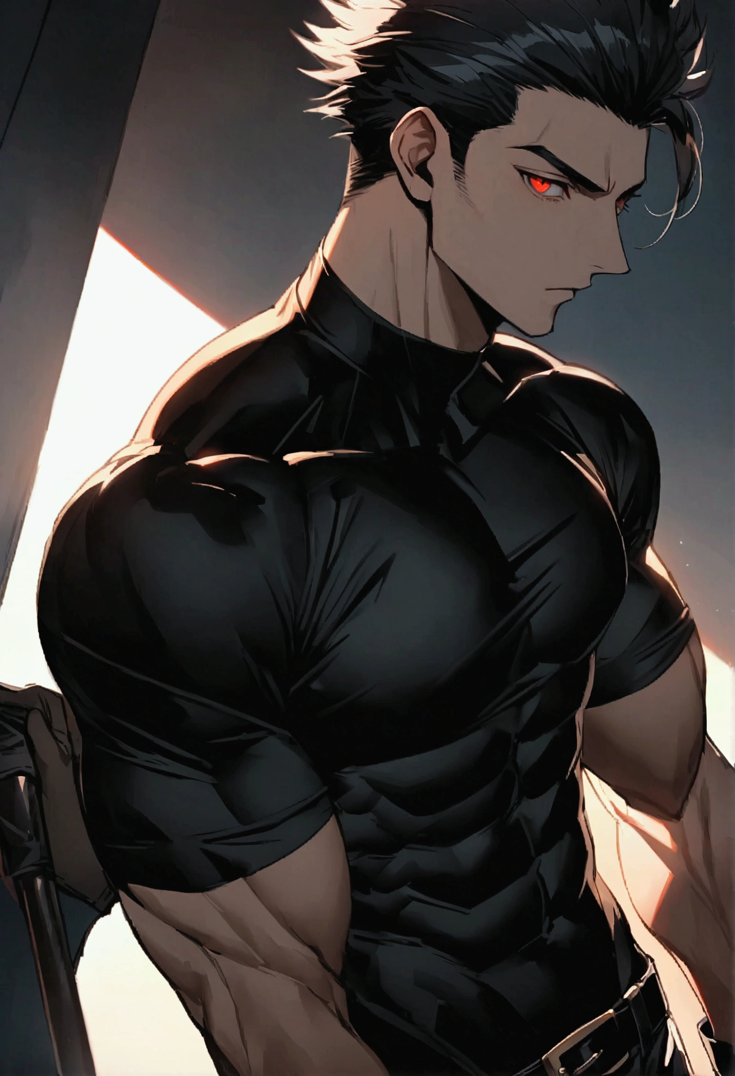 masculine man, tall, muscular,Black Lycra sports t-shirt , short black hair combed back and Red eyes, black belt and black gloves, Delgado, ,24 years old