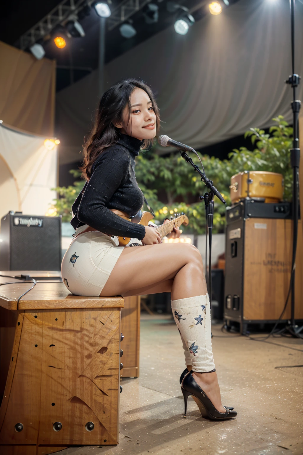masterpiece, best quality, ultra detailed, high resolution, 1 girl, ((pretty lady MoonLay)), Burmese girl, ((pretty lady MoonLay's seductive sweet face with sweet smile:1.2)), ((playing guitar:1.5)), ((singing with confident)), ((electric guitar)), ((stage background:1.5)), golden hour setting, 8k, (((black sweater turtleneck tight blouse))), ((middle thigh length black mini skintight skirt with white flower printed pattern:)), (stylishly sitting on stylish stage stool), (((crossing legs:1.1))), (stiletto high heel), ((full body tilted side view:1.5)), ((blur background with star shaped bokeh effect to highlight portrait better)), (vibrant HDR lighting),