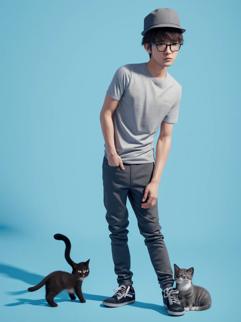 cute clay Short gray haired boy wearing a hat, glasses, t-shirt, tight pants, black shoes, facing straight, standing next to a kitten, light blue background, 3D isomatric animation