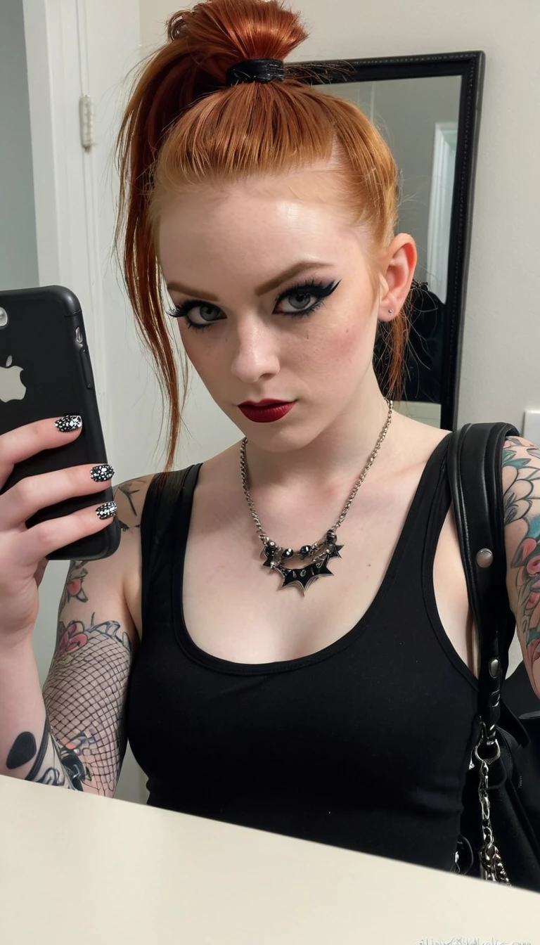 , ginger girl, goth style, punk rock make up, ponytail, iphone mirror selfie, sfw, black make up