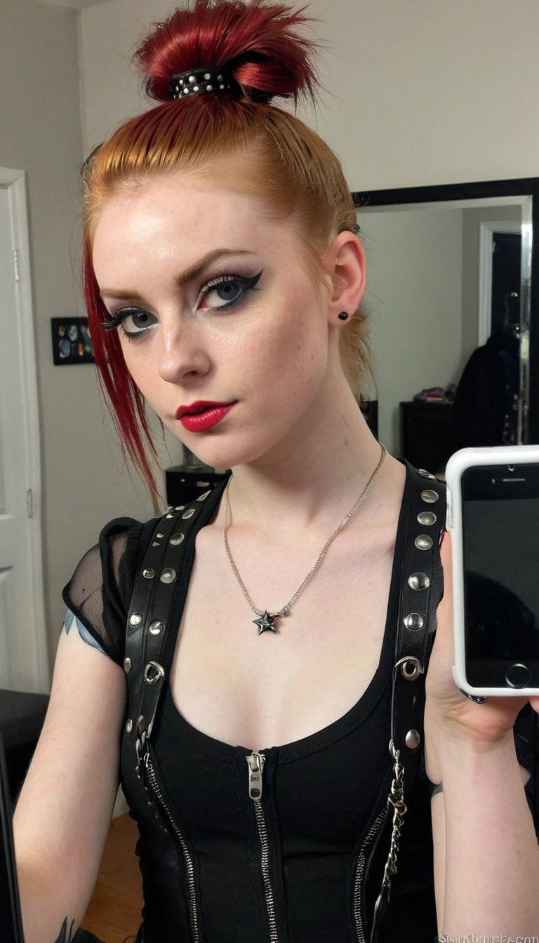 14 years old, ginger girl, goth style, punk rock make up, ponytail, iphone mirror selfie, sfw, black make up