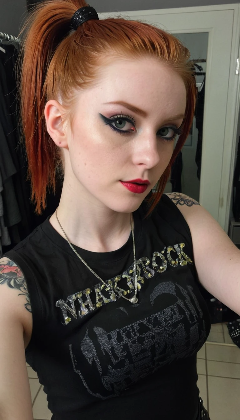 14 years old, ginger girl, goth style, punk rock make up, ponytail, iphone mirror selfie, sfw, black make up