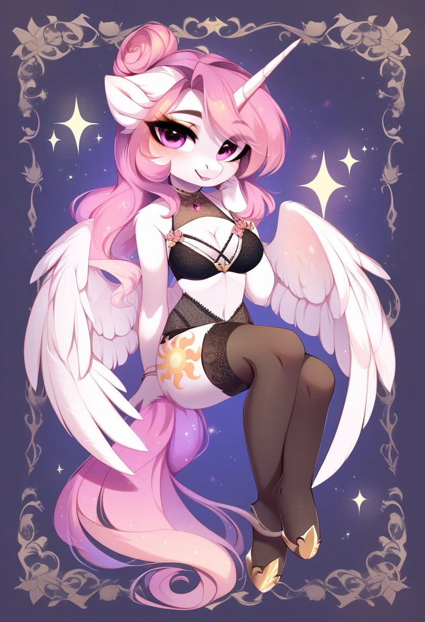 check_9, check_8_up, check_7_up, source_fluffy, rating_safe, from Magnaluna, Celestia poses seductively in a white bedroom, hair bun with bangs, pink eyes, white body, anthro, blushing, wearing goldern lingerie, full body