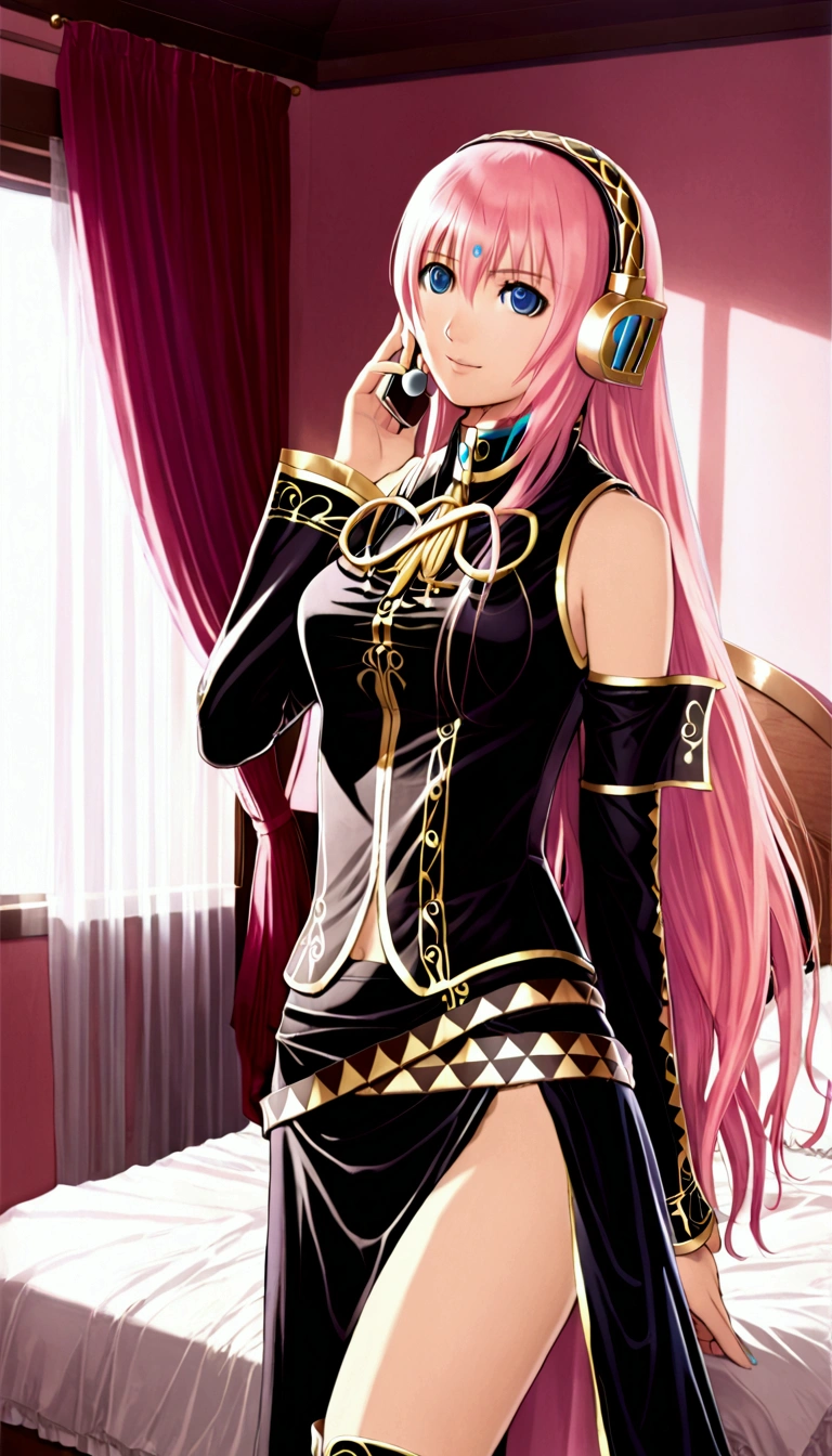 Detailed and beautiful depiction 1.3,Official Art:1.2,Beautiful adult woman ,Megurine Luka in official costume:1.2,Pink long hair,blue eyes,Black and gold costume,headphone,smile,Bedroom