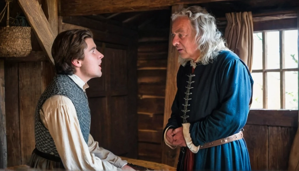 Jacob, a young man speaking to Lord Eleanor’s ghost, inside an old cabin. Lord Eleanor a middle aged man in medieval british clothes. Jacob in modern clothes.
