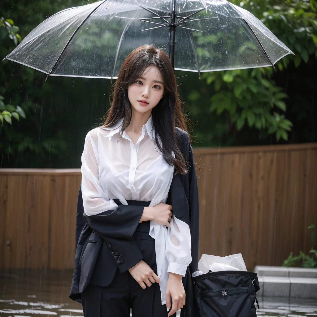 typhoon、Do not use an umbrella、Beautiful woman in the rain、雨で濡れたBeautyOL、Detailed face、Realistic、beautiful girl、Beauty、Office Lady Uniform、beauty、Beautiful woman、Narrow waist、Handsome woman、Tight pants look、suit、Sexy pose、タイトなsuitパンツ、雨で濡れたsuit、Wet shirt、See-through shirt、Shot in heavy rain、See-through underwear