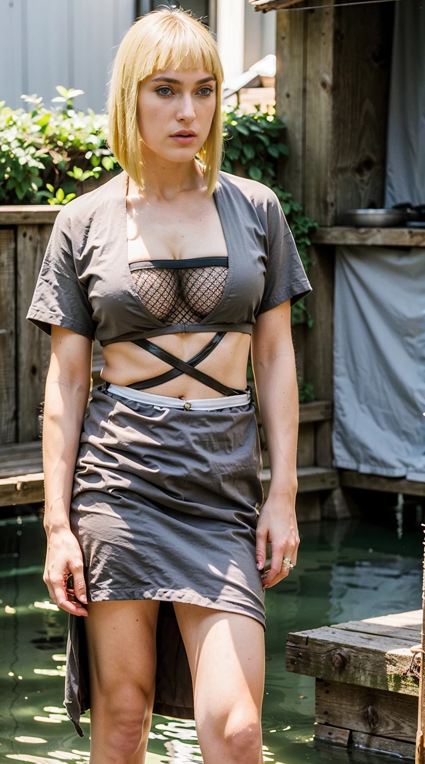 Masterpiece, Best quality,, (photorealistic1.4), (UHD), (epiCRealLife), (flashphoto),, (photorealistic1.4), (blonde hair Keira Knightley), (outdoor), (big breasts), (cleavage), (samui costume), (Keira Knightley in a Japanese Garden), (night time), (beautiful landscape), (samui black kimono, vambraces), (Samui Waist Pad),(cowboy shots), (Keira Knightley look at viewers), (samui, blue eyes, short hair, bangs, blunt bangs, fishnets, dress, grey dress, skirt, grey skirt, close up