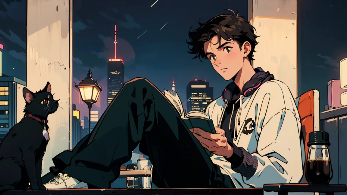 best quality, 8k, 1990s style,2010s hairstyles, 21-year-old boy, black hair, light brown eyes, city pop, pants ,night view, wearing headphones,reading a book, whole body, relax coffee,table,confection,Looking at me, Black cat
