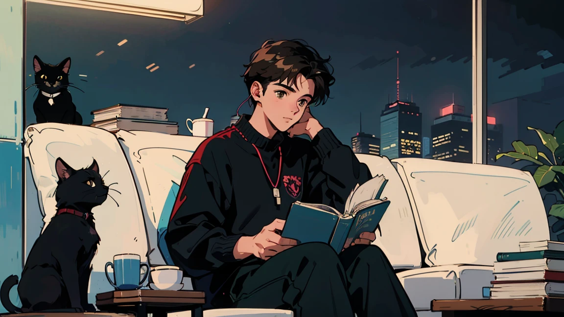 best quality, 8k, 1990s style,2010s hairstyles, 21-year-old boy, black hair, light brown eyes, city pop, pants ,night view, wearing headphones,reading a book, whole body, relax coffee,table,confection,Looking at me, Black cat