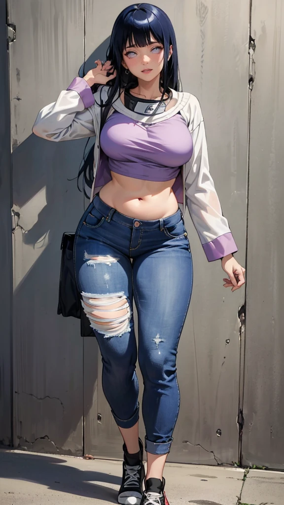 (hyuga Hinata, very sensual, with funk girl clothes, Brazilian, Rio de Janeiro, dancing funk, rolling, big-ass, legs thick, wearing tight jeans, bra, belly out, wearing a mini blouse, umbigo com pirsing, sneakers Nike, big hair, Speaker behind, very realistic, extremely sexy, 8K, 8K extremamente detalhado), (an extremely delicate and beautiful), (Masterpiece artwork), (best qualityer: 1.0), (ultra highres:1.0)