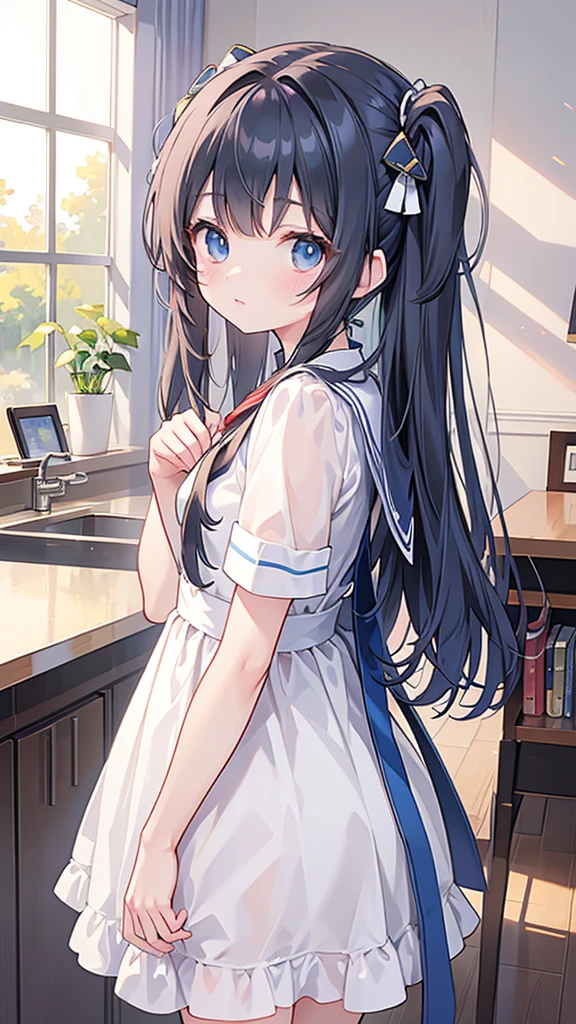 (masterpiece、Highest quality)、High resolution、Detailed face:1.2、anime(1.2)、Sharpness、4K、14 years old、Two-dimensional beautiful girl、Bird&#39;s-eye view、looking at the camera、Peeping、Looking up、tilt one&#39;s head、cute、One girl standing、Pleated skirt、Absolute area、Micro Mini Skirt、Ultra mini skirt、Black thigh-high socks、White skin、cute、Big Breasts、tits、Thick thighs、、Innocent eyes、Sailor suit、Short Bob、Full Bang、Black Hair、