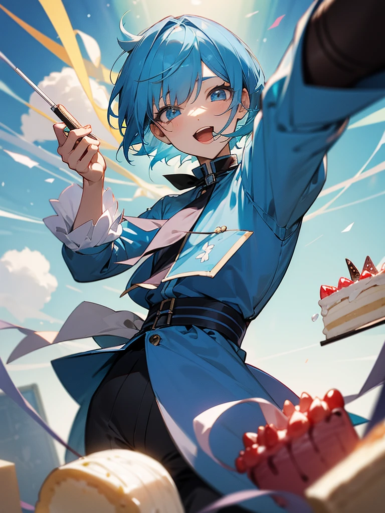 Anime girl short blue hair ,fulfilling years, with a cake in his hands ,celebrating birthday,pelvis pov