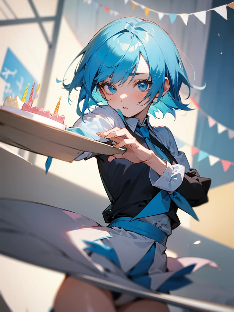 Anime girl short blue hair ,fulfilling years, with a cake in his hands ,celebrating birthday,pelvis pov