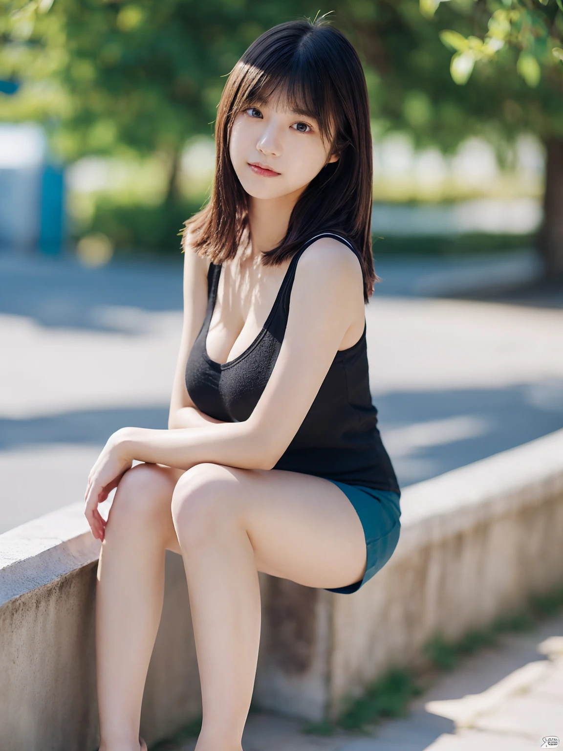 21 years old female, long hair, RAW photo, bokeh (realism: 1.4, realistic), high detail CG unified 8K wallpaper, 1girl, ((slim body: 1)), ((natural big breast:1.3)), back to viewer, ((direct view from the front)), (HQ skin: 1.4), 8k uhd, dslr, soft light, high quality, film grain, Fujifilm XT3, ((knit tank top, black short skirt)), ((outdoor, at park))) jangjoo, portrait,((Layered medium Haircut, black hire)),(looking at viewer:1.4),(Full body:1.7), (((height:162cm))), (((crossed arms)))