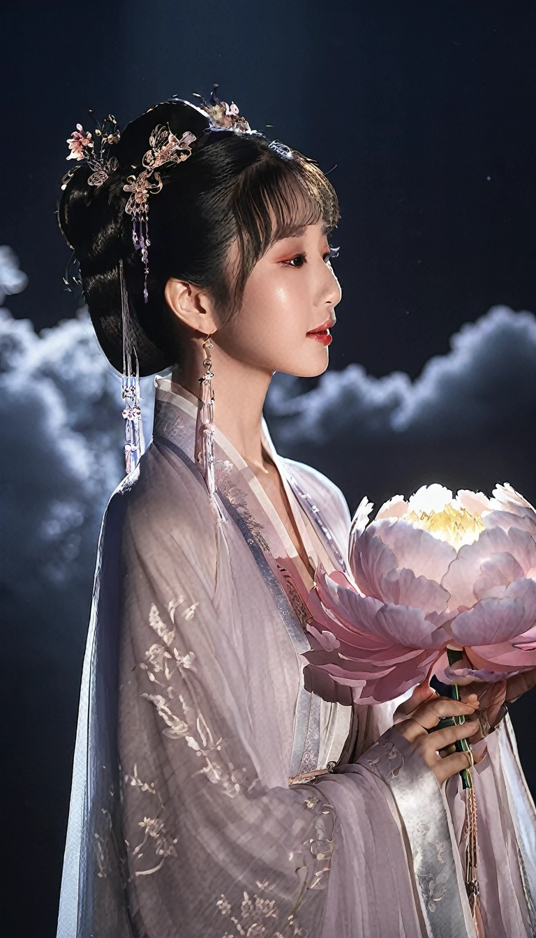 Vibrant Rim Light, In a magical realm, a Chinese maiden in radiant Hanfu stands, enveloped by mystic clouds and mists. Holding a glowing peony, its petals casting delicate shadows, the moment is artfully immortalized. Luminescent rays interplay with deep shadows around her, evoking traditional ink paintings. This luminous masterpiece blends contemporary vision with the splendor of Hanfu. Luxurious, chic, editorial, ambient illumination, Raking light., bright rim light, high contrast, bold edge light