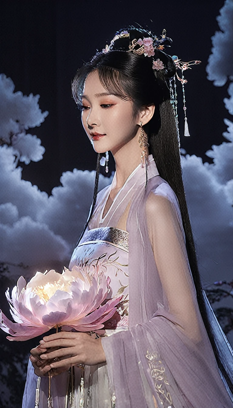Vibrant Rim Light, In a magical realm, a Chinese maiden in radiant Hanfu stands, enveloped by mystic clouds and mists. Holding a glowing peony, its petals casting delicate shadows, the moment is artfully immortalized. Luminescent rays interplay with deep shadows around her, evoking traditional ink paintings. This luminous masterpiece blends contemporary vision with the splendor of Hanfu. Luxurious, chic, editorial, ambient illumination, Raking light., bright rim light, high contrast, bold edge light