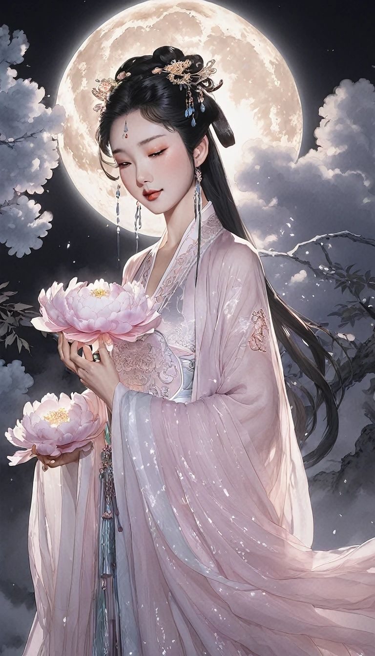 Vibrant Rim Light, In a magical realm, a Chinese maiden in radiant Hanfu stands, enveloped by mystic clouds and mists. Holding a glowing peony, its petals casting delicate shadows, the moment is artfully immortalized. Luminescent rays interplay with deep shadows around her, evoking traditional ink paintings. This luminous masterpiece blends contemporary vision with the splendor of Hanfu. Luxurious, chic, editorial, ambient illumination, Raking light., bright rim light, high contrast, bold edge light