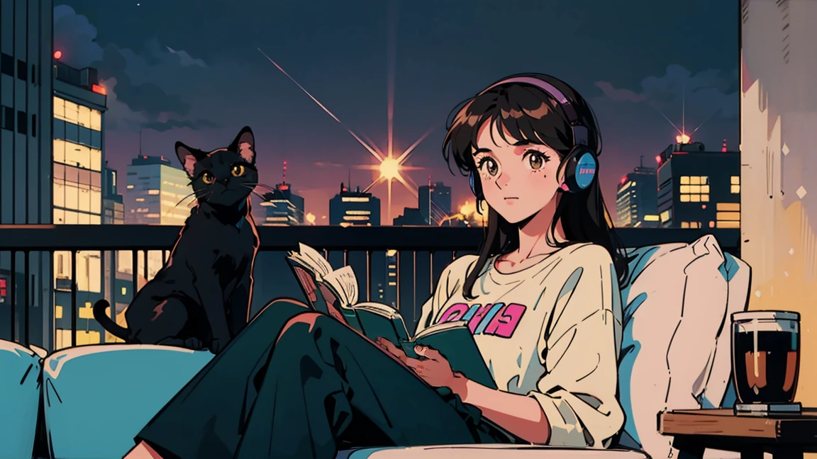 best quality, 8k, 1990s style,2010s hairstyles, 21 year old girl, black hair, long hair, light brown eyes, city pop, pants ,night view, wearing headphones,reading a book, whole body, relax coffee,table,confection,Looking at me, Black cat