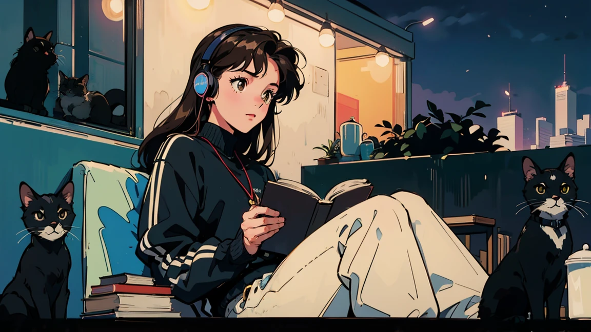 best quality, 8k, 1990s style,2010s hairstyles, 21 year old girl, black hair, long hair, light brown eyes, city pop, pants ,night view, wearing headphones,reading a book, whole body, relax coffee,table,confection,Looking at me, Black cat