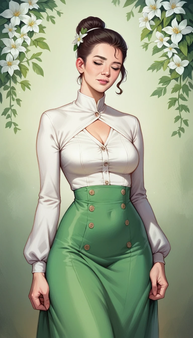 photorealistic, high resolution, masterpiece, best quality ,ultra-detailed, 1women, (medium breast), hair bun , jesmine flower on the head, mature female, solo, hips up, (wearing acmmsayarma outfit, acmmsayarma white top with buttons, long sleeves), ((acmmsayarma green long skirt)).