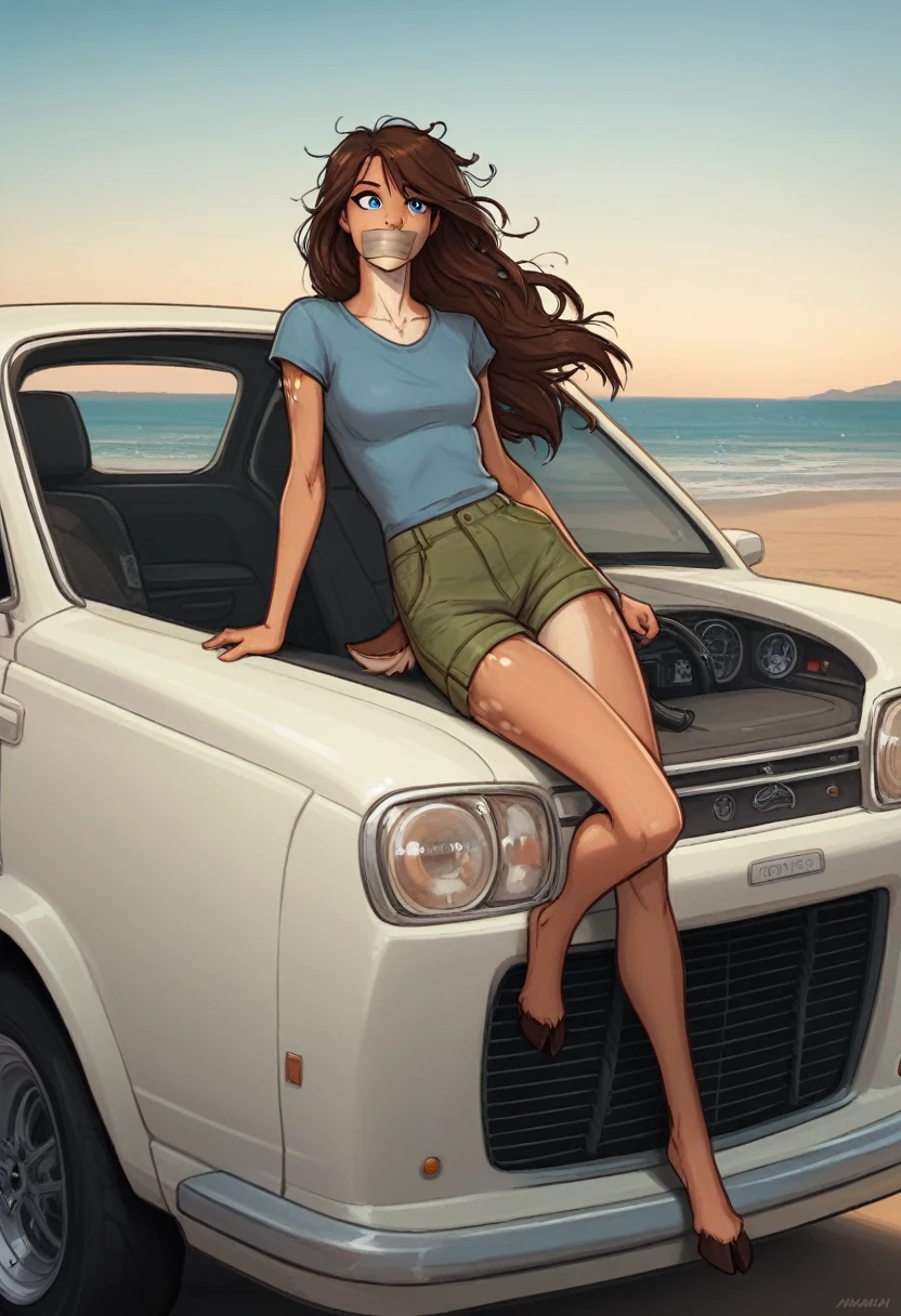 uploaded the e621, beautiful and detailed portrait of a (((female))) small very young solo teenage young anthro female deer doe with with small hips and a skinny body and ((clear navy blue eyes)),  ( small legs and hips :1.5), small pelvis, Slim waist, wearing cargo pants and a shirt, sitting in a camper van next to a beach, long brown hair,  kenket, Ross Tran,ruan jia, uploaded to e621, zaush, foxovh, zenematic lighting, deer,full body, deer tail, day, beautiful, messy hair, brown hair, 1girl, solo, night, tape mouth gag, detailed,hair covering eyes,  black and brown hair, long hair floating in the wind, beautiful, (sublime: 1.0), (Extremely sensitive: 1.0), hands tied with tape