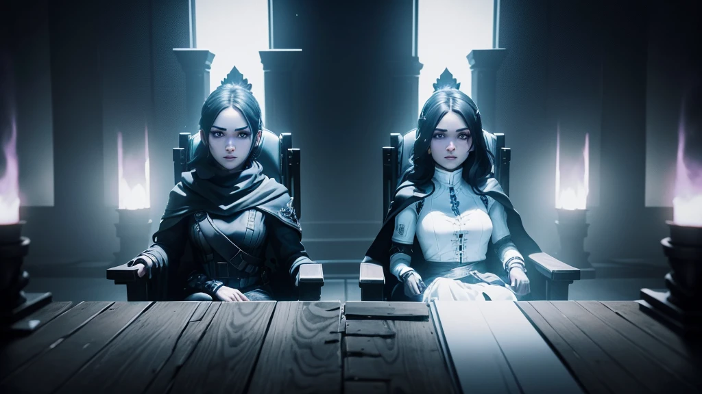 2 fortnite players in a dark room, their silhouettes visible, both seated on 2 thrones next to each other, each facing one side of the image. Both are dressed in black, with only their eyes emanating white.