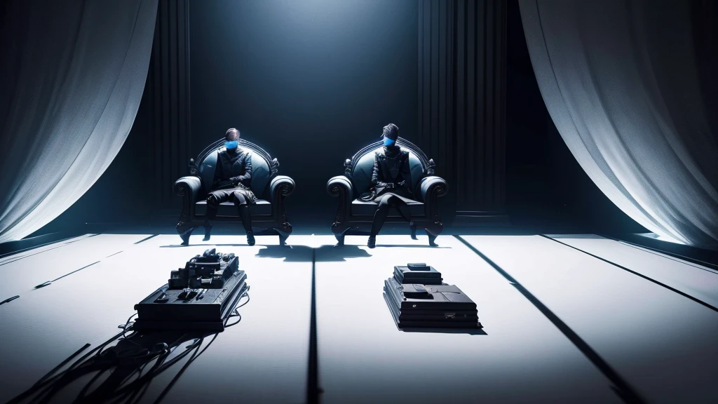 2 fortnite players in a dark room, their silhouettes visible, both seated on 2 thrones next to each other, each facing one side of the image. Both are dressed in black, with only their eyes emanating white.