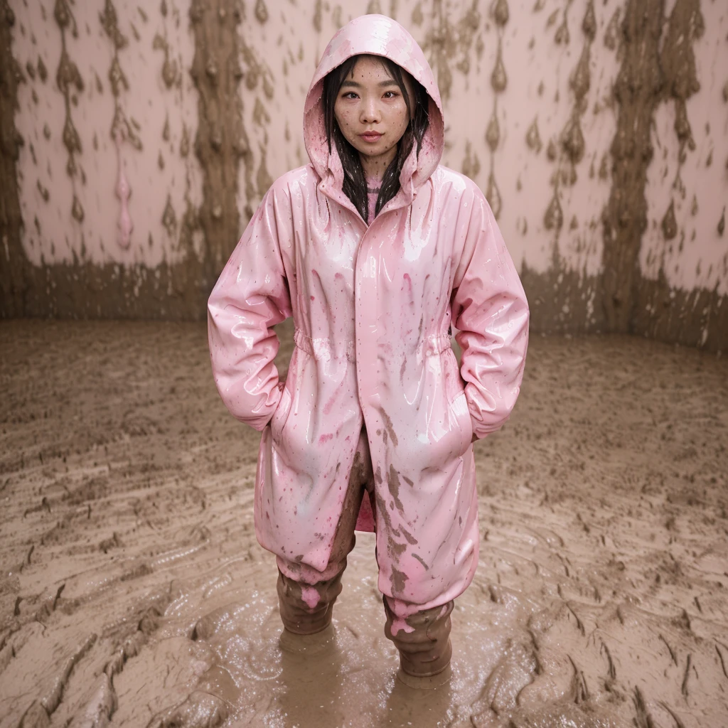asian lady, cute pose, ((pink buttoned up raincoat)), ((wearing raincoat hood)), tall pink rain boots, ((((muddy splatters)))), ((mud dripping down raincoat)), (((hunter rubber boots))),intricate details, highly detailed, masterpiece, 8k, photorealistic, cinematic lighting, vibrant colors, soft focus, elegant, feminine, beautiful, serene, graceful