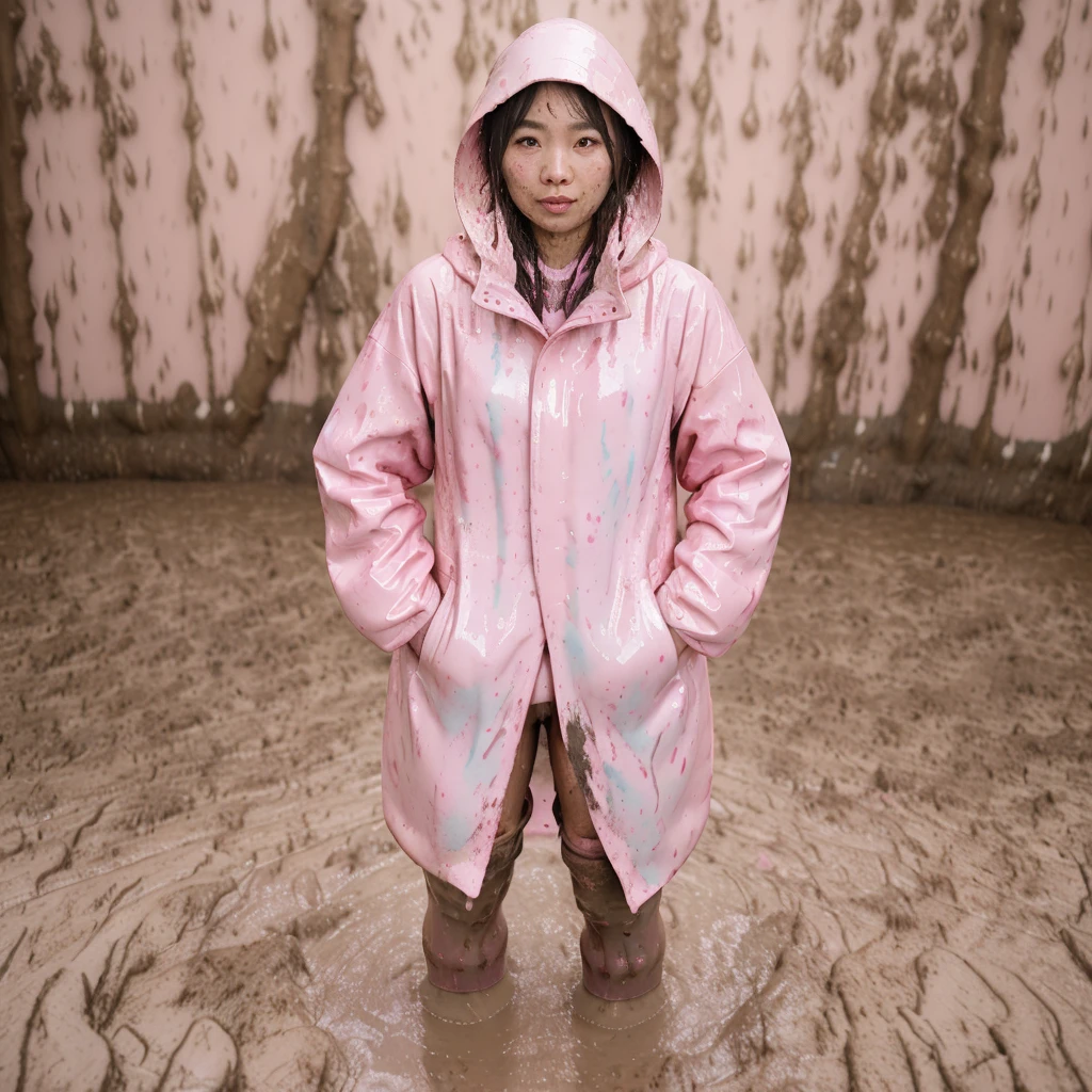 asian lady, cute pose, ((pink buttoned up raincoat)), ((wearing raincoat hood)), tall pink rain boots, ((((muddy splatters)))), ((mud dripping down raincoat)), (((hunter rubber boots))),intricate details, highly detailed, masterpiece, 8k, photorealistic, cinematic lighting, vibrant colors, soft focus, elegant, feminine, beautiful, serene, graceful