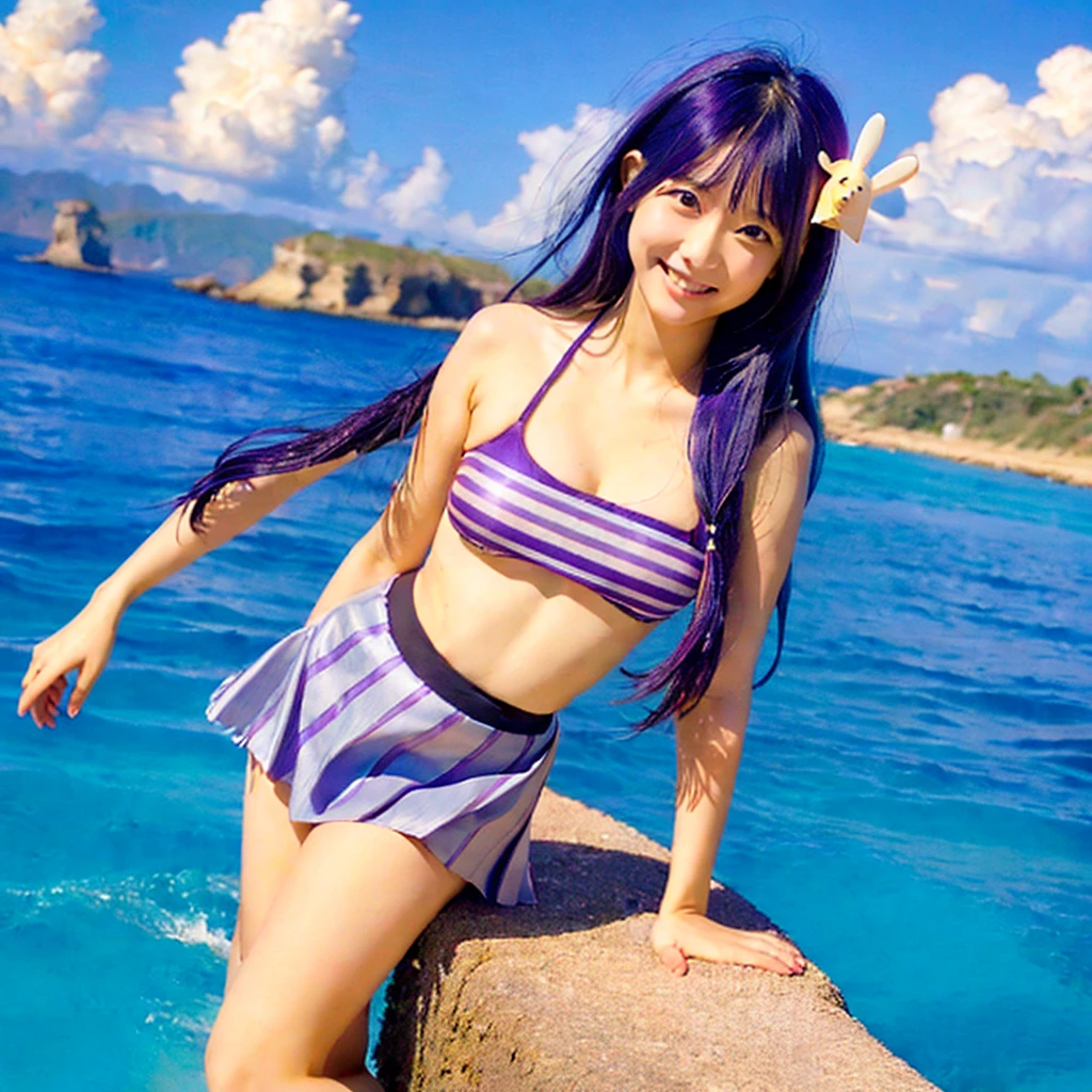 Ai Hoshino, long hair, purple hair, stripes, purple eyes, star-shaped eyes, hair ornament, smile, blue sky, bikini, skirt, sandals, sea, wet skin,