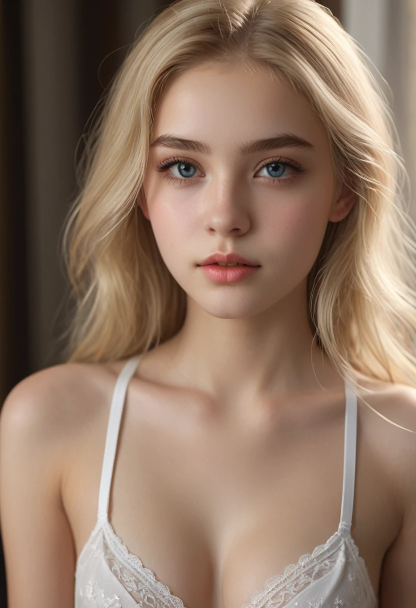 a girl named lina, beautiful detailed eyes,beautiful detailed lips,extremely detailed eyes and face,longeyelashes, blonde hair, wearing a white bra and panties, small and slender body, realistic lighting, photorealistic, 8k, best quality, masterpiece, realistic photo