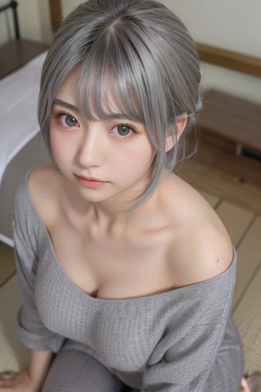 One Girl、(8k)、(Best image quality:1.2)、(Realistic)、(フォトRealistic:1.37)、city、Casual clothing、Luxury Bed、Clothes are disheveled、(topless)、(Small nipples)、Beautiful breasts、Beautiful Japan、((Gray Hair))、、(From above) 、View your audience、(Romantic pose)、(Embarrassing)、Bust Shot