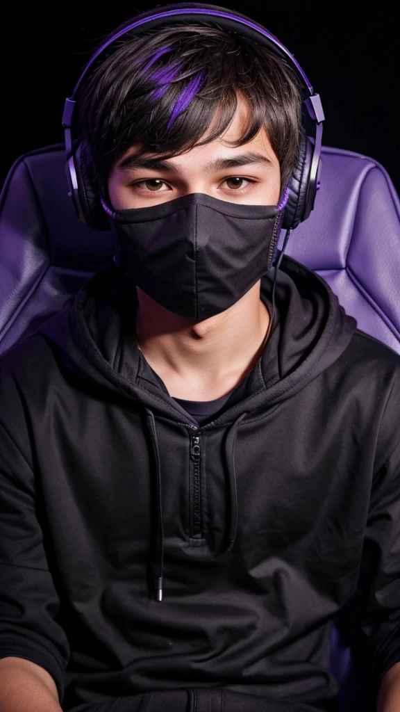 Around 17 age Boy wearing headphones in front of the face playing video games sitting in a gaming chair, dark background with purple details
There should be a black mask on the mouth,