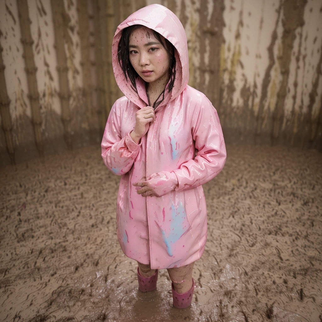 asian lady, cute pose, ((pink buttoned up raincoat)), ((wearing raincoat hood)), tall pink rain boots, ((((muddy splatters)))), ((mud dripping down raincoat)), intricate details, highly detailed, masterpiece, 8k, photorealistic, cinematic lighting, vibrant colors, soft focus, elegant, feminine, beautiful, serene, graceful