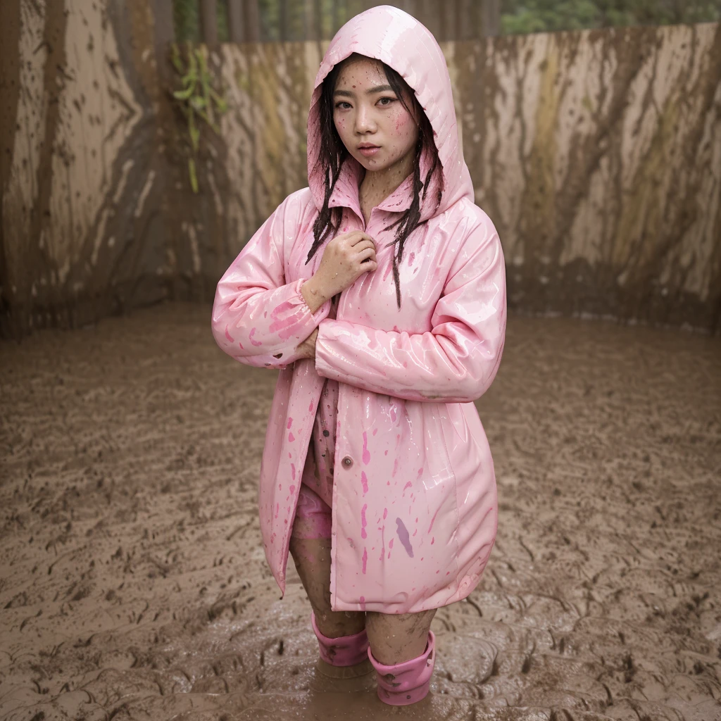 asian lady, cute pose, ((pink buttoned up raincoat)), ((wearing raincoat hood)), tall pink rain boots, ((((muddy splatters)))), ((mud dripping down raincoat)), intricate details, highly detailed, masterpiece, 8k, photorealistic, cinematic lighting, vibrant colors, soft focus, elegant, feminine, beautiful, serene, graceful