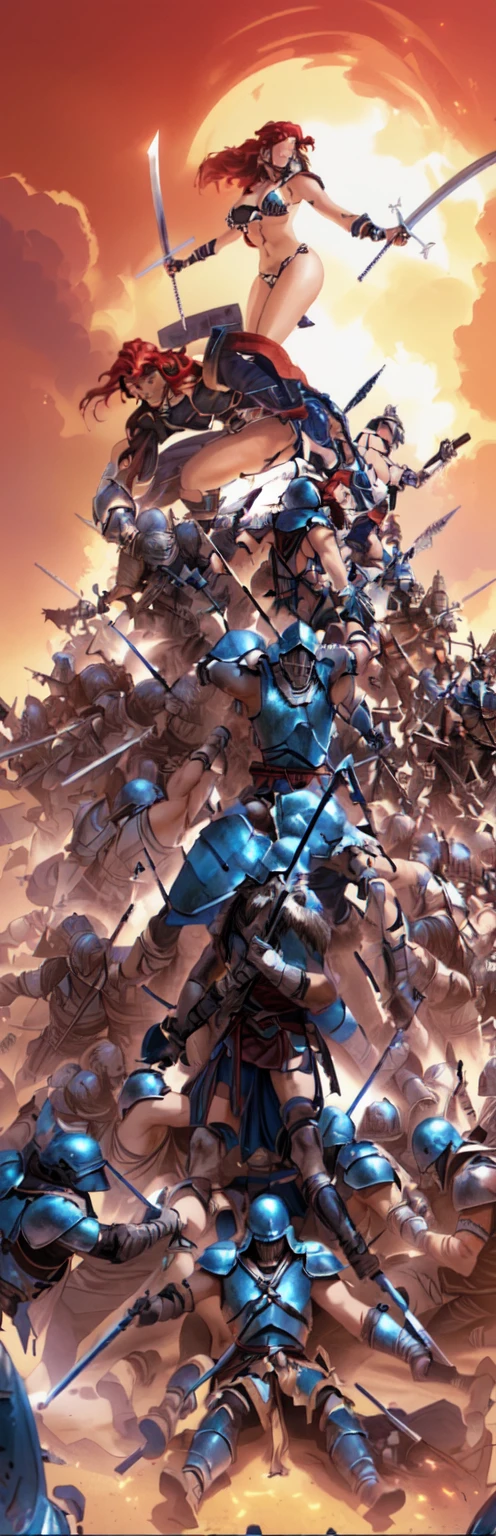 Master Piece, best quality, (extremely detailed CG unity 8k wallpaper), (best quality) 8k detail.  beautiful red haired woman (in steal bikini holding two swords) on top of a muscle man (with a back pack) and a small man (in a helmet) --all three are on top of a pile of soldiers, epic battle scene, epic battlescene, inspired by Heinrich Kley, epic multifigures composition, by Emiliano Di Cavalcanti, an epic viking battle scene, by Pedro Pedraja, battle of helmand moebius, invading army background, album art, very accurate photo.  A pyramid pile of 300 unconscious male barbarian soldiers defeated in battle. The 300 unconscious barbarian soldiers are piled up on top of each other, one by one. They are clad in armor and helmets. spikes stick out of the pile of bodies. spears with small pennant flags stick out of the pile of bodies. swords, helmets, arms, legs and heads stick out of the pile randomly. The pile is 30 feet high. NO man is naked. The pile is not uniformly even, the bodies are placed in random poses.