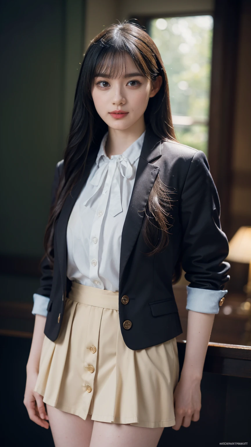1girl, woman, masterpiece, best quality, highest quality, cinematic lighting, (volumetric lighting), extremely detailed CG unity 8k wallpaper, focused, 8k wallpaper, extremely detailed, ultra realistic, photorealistic, sharp focus, absurdres, (HDR:1.2), (high contrast), photograph, detailed and intricate, instagram, portrait, highly detailed, digital painting, artstation, concept art, smooth, sharp focus, illustration, cinematic lightinglook, (whole body:1.2), white collar shirt, open shirt, (((open the button))), show thigh, mini skirt, (full body), looking at the viewer, (long hair)