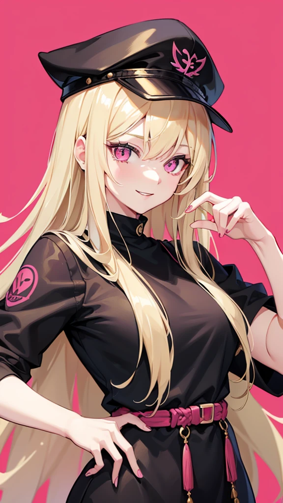 (((Adult woman))), long blonde hair, (Pink eyes), hiphop clothes, black cap, smile