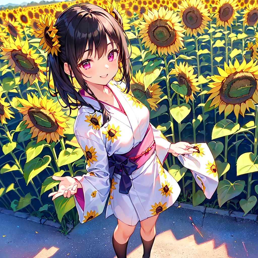 masterpiece, best quality, high quality, extremely detailed, very delicate and beautiful, (1 female 18 years old solo:1.5), (long black hair up to waist with two side up:1.5), bangs to eyebrows, eyes Eyebrows are glossy, (eye color: magenta: 1.3), 6.5 head height, (yukata with sunflower fireworks print: 1.3), knee socks, lace, frills, (smiling), (standing: 1.3), (smiling), (dynamic pose), (background sunflower flower field: 1.3), (sunflowers Lots and Lots of Night: 1.3)