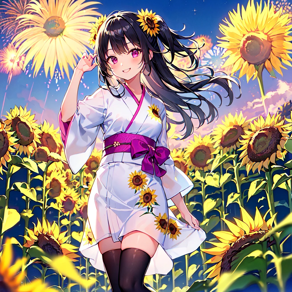 masterpiece, best quality, high quality, extremely detailed, very delicate and beautiful, (1 female 18 years old solo:1.5), (long black hair up to waist with two side up:1.5), bangs to eyebrows, eyes Eyebrows are glossy, (eye color: magenta: 1.3), 6.5 head height, (yukata with sunflower fireworks print: 1.3), knee socks, lace, frills, (smiling), (standing: 1.3), (smiling), (dynamic pose), (background sunflower flower field: 1.3), (sunflowers Lots and Lots of Night: 1.3) 