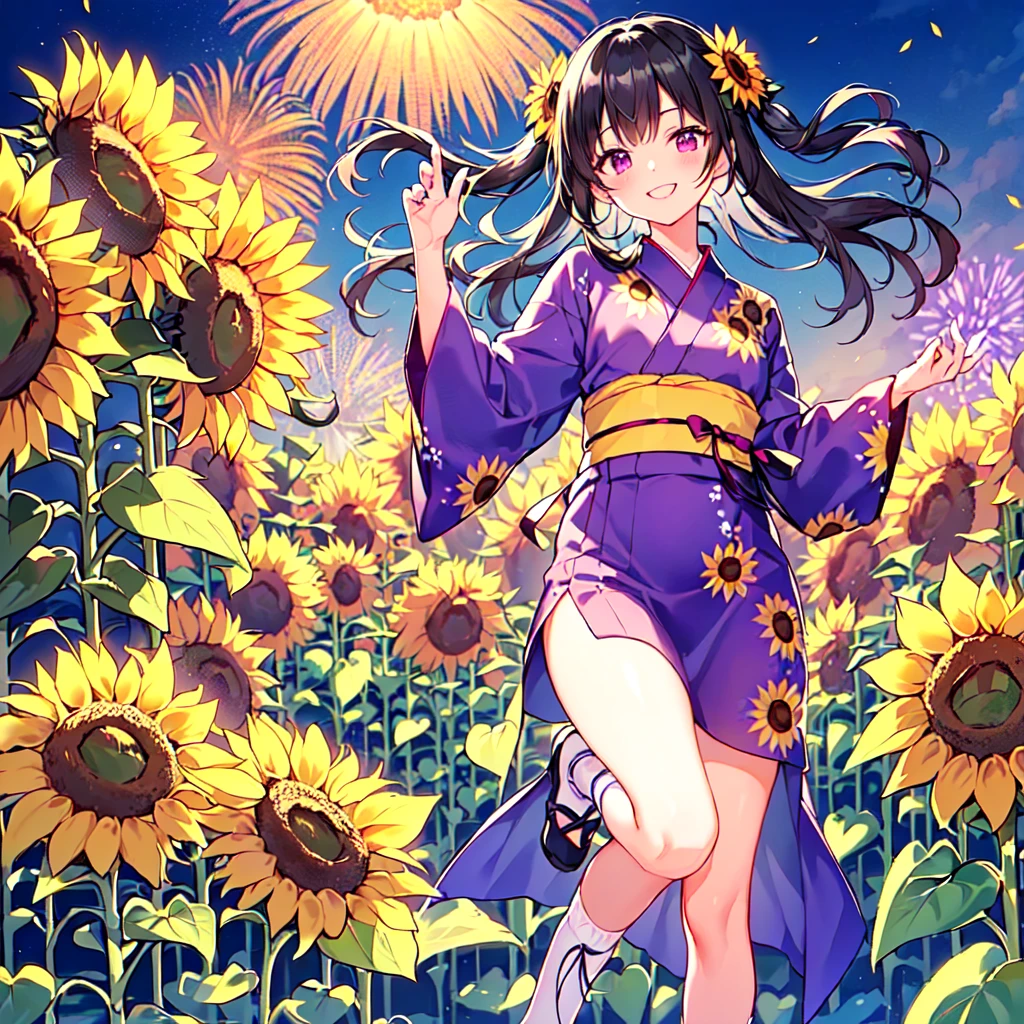 masterpiece, best quality, high quality, extremely detailed, very delicate and beautiful, (1 female 18 years old solo:1.5), (long black hair up to waist with two side up:1.5), bangs to eyebrows, eyes Eyebrows are glossy, (eye color: magenta: 1.3), 6.5 head height, (yukata with sunflower fireworks print: 1.3), knee socks, lace, frills, (smiling), (standing: 1.3), (smiling), (dynamic pose), (background sunflower flower field: 1.3), (sunflowers Lots and Lots of Night: 1.3) 