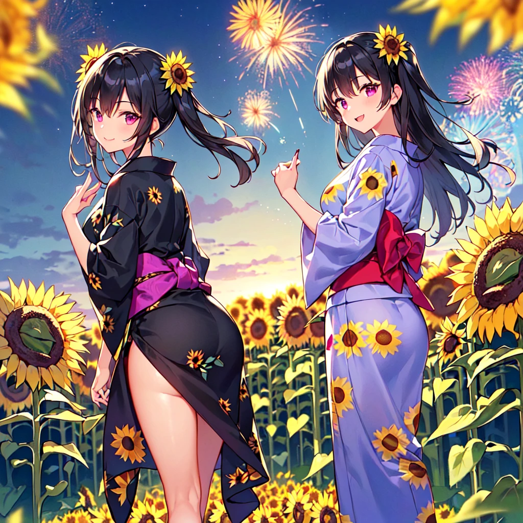 masterpiece, best quality, high quality, extremely detailed, very delicate and beautiful, (1 female 18 years old solo:1.5), (long black hair up to waist with two side up:1.5), bangs to eyebrows, eyes Eyebrows are glossy, (eye color: magenta: 1.3), 6.5 head height, (yukata with sunflower fireworks print: 1.3), knee socks, lace, frills, (smiling), (standing: 1.3), (smiling), (dynamic pose), (background sunflower flower field: 1.3), (sunflowers Lots and Lots of Night: 1.3)